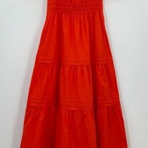 Quince Red Organic Cotton Tiered Maxi Dress sz M Women's Pockets Poplin Fabric